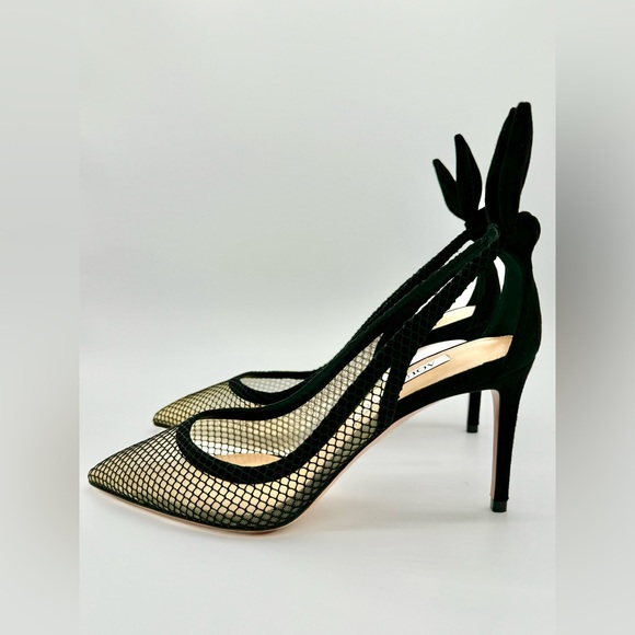NWT Aquazzura Bow Tie Mesh Pump Heels 85 Mesh/Suede Black 37 W Box & Dust Bag - Picture 7 of 16